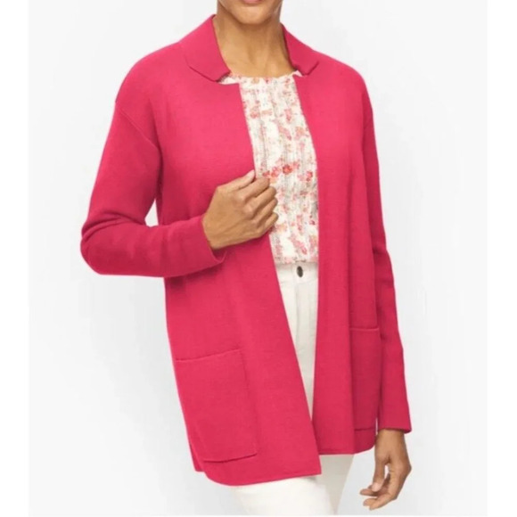 Talbots Pink Notch Collar Open Cardigan Sweater 2X Pockets Classic Long NEW - Picture 1 of 12